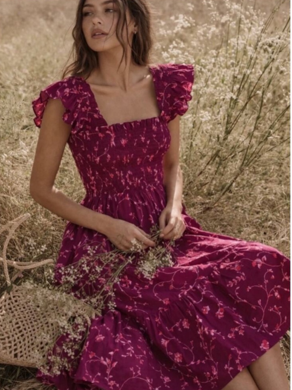 Hill House Ellie Nap Dress Burgundy Floral Midi Dress with Ruffle Sleeves Small